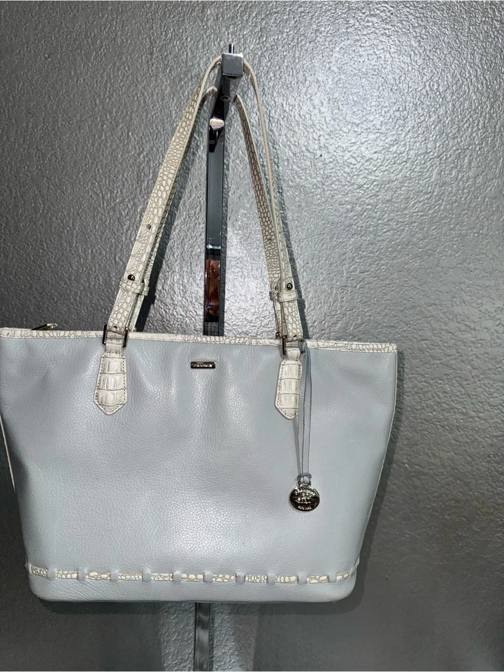 Brahmin Powder Blue Tote with White Croc-Trim